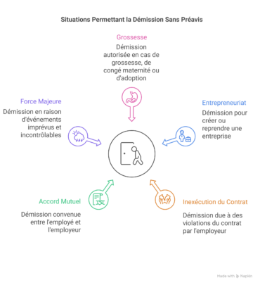 Infographie présentant les situations permettant une démission sans préavis : grossesse, force majeure, entrepreneuriat, inexécution du contrat et accord mutuel, illustrées par des icônes autour d’une personne quittant un poste.